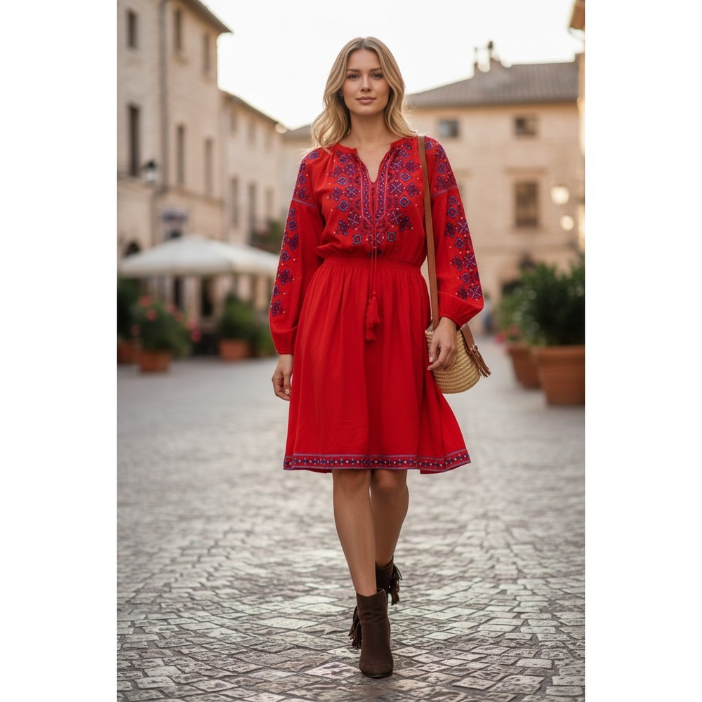 Melissa Odabash Red Embroidered Tassel Tie Boho Peasant Mini Dress Fits M/S $295